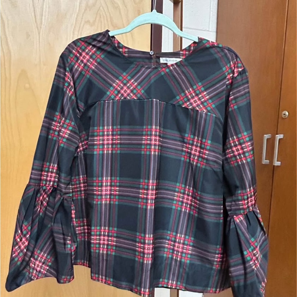 Free Assembly Black and Red Plaid Bell Sleeve Blouse